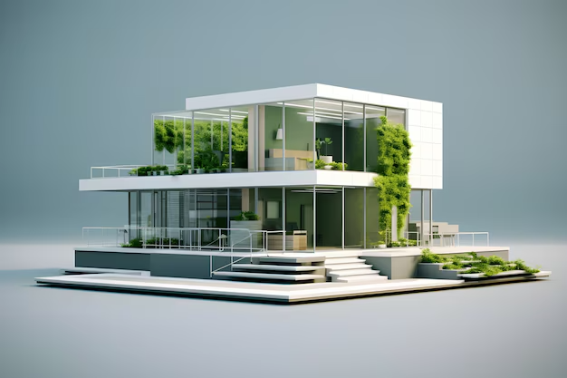 Modern eco-friendly house with glass walls, green plants, and clean architectural design