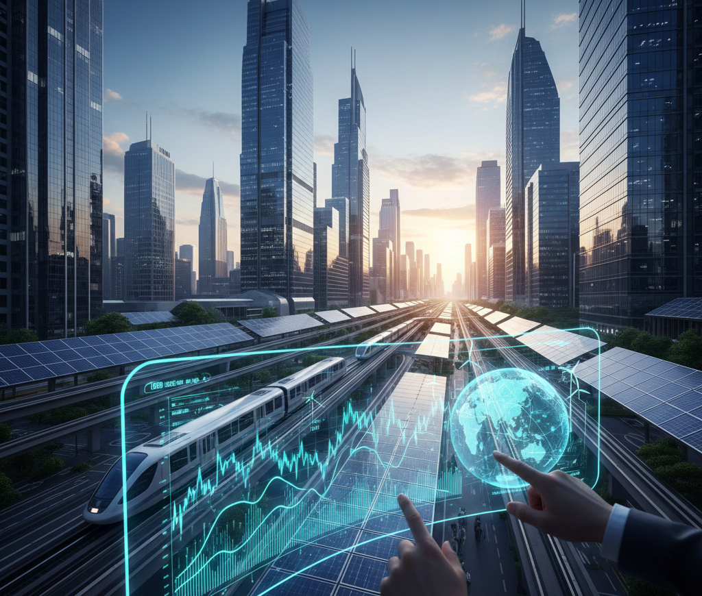 Futuristic cityscape with digital screen, solar panels, and train showcasing smart technology and sustainable energy