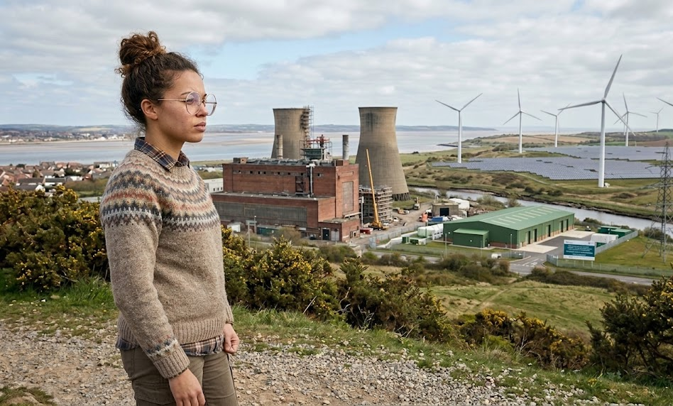 Woman in jumper standing by power plant and wind turbines showcasing sustainable energy transition in rural landscape