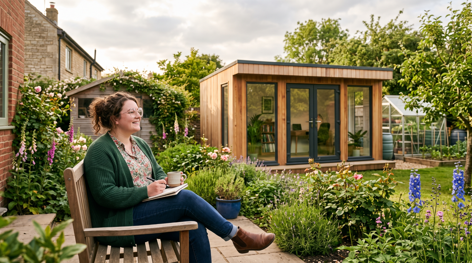 Woman in a garden, sitting on a wooden bench with a notebook and a cup, enjoying the view of a modern garden room