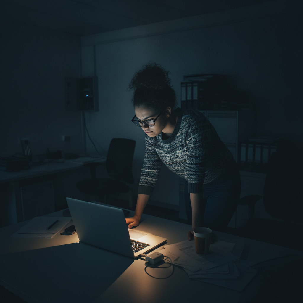 An employee working during downtime with very limited backup power, in a dim lit office.